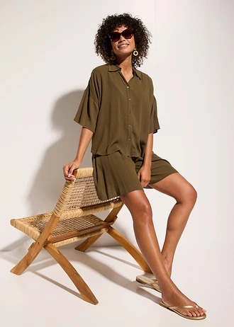 Chemisier court de plage en viscose fluide, Couleur: olive foncé