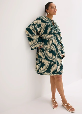 Tuniekjurk van een soepele viscosemix, Kleur: diepgroen-lichtsand met print