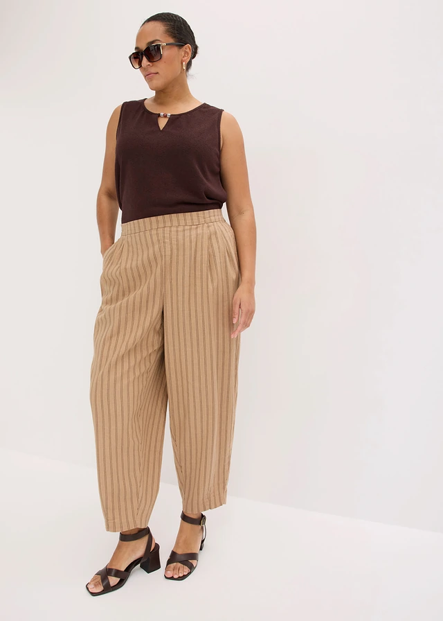 Pantalon taille extensible et rafraichissant, Couleur: camel mat-marron rayé