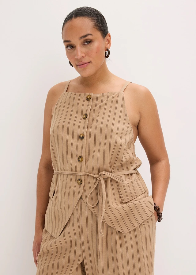 Blazer sans manches en lin mélangé, Couleur: camel mat-marron rayé