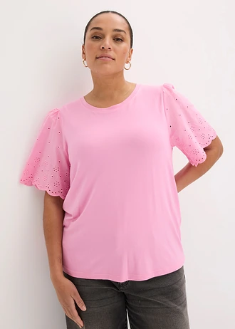 T-shirt doux en viscose extensible avec broderie anglaise, Couleur: rose