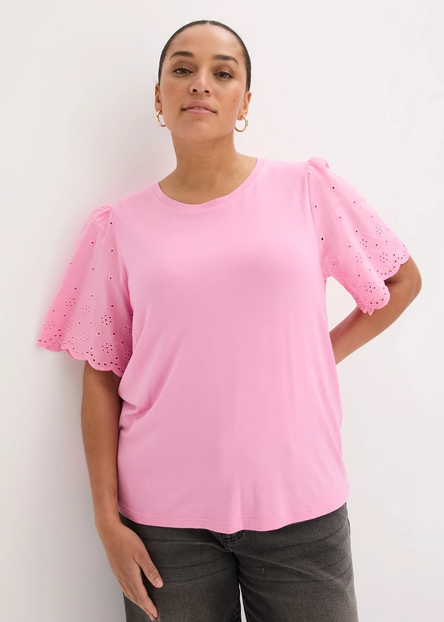Shirt van een zachte viscosemix met broderie anglaise, Kleur: roze