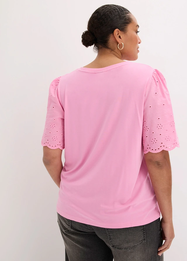 Shirt van een zachte viscosemix met broderie anglaise, Kleur: roze
