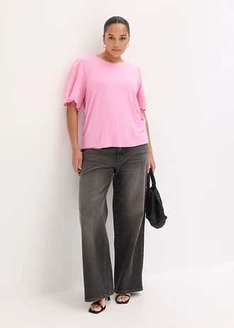T-shirt doux en viscose extensible avec broderie anglaise, Couleur: rose