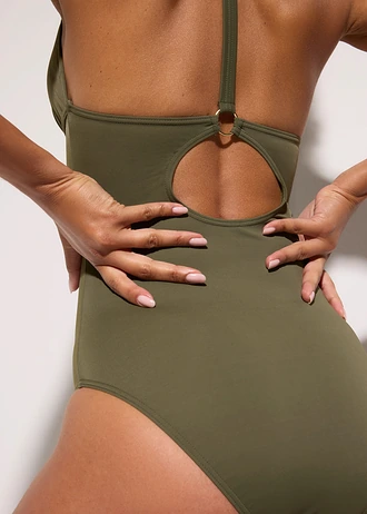 Badpak met een diepe V-hals • donkerolijfgroen • bonprix online shop