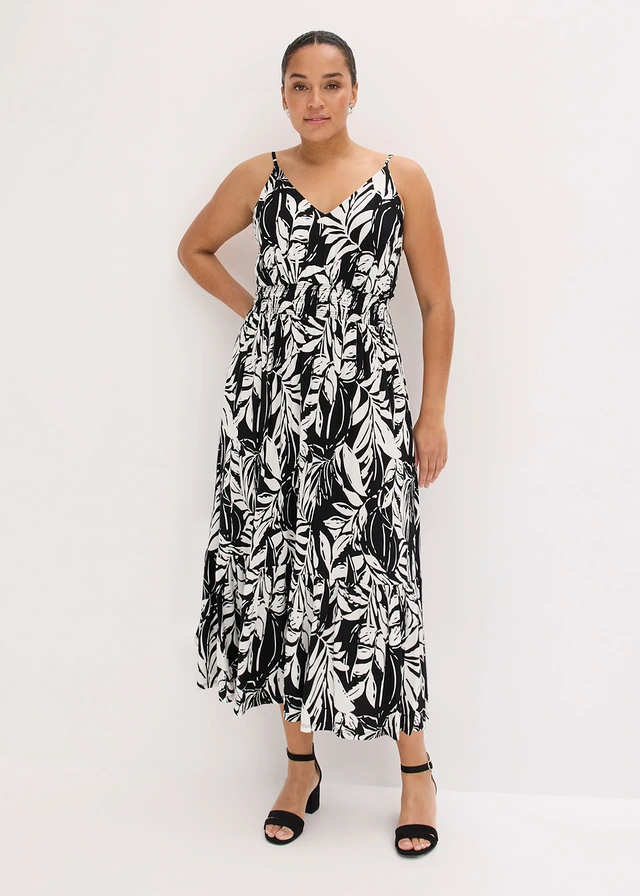 Robe à fines bretelles en jersey viscose, Couleur: noir-blanc floral