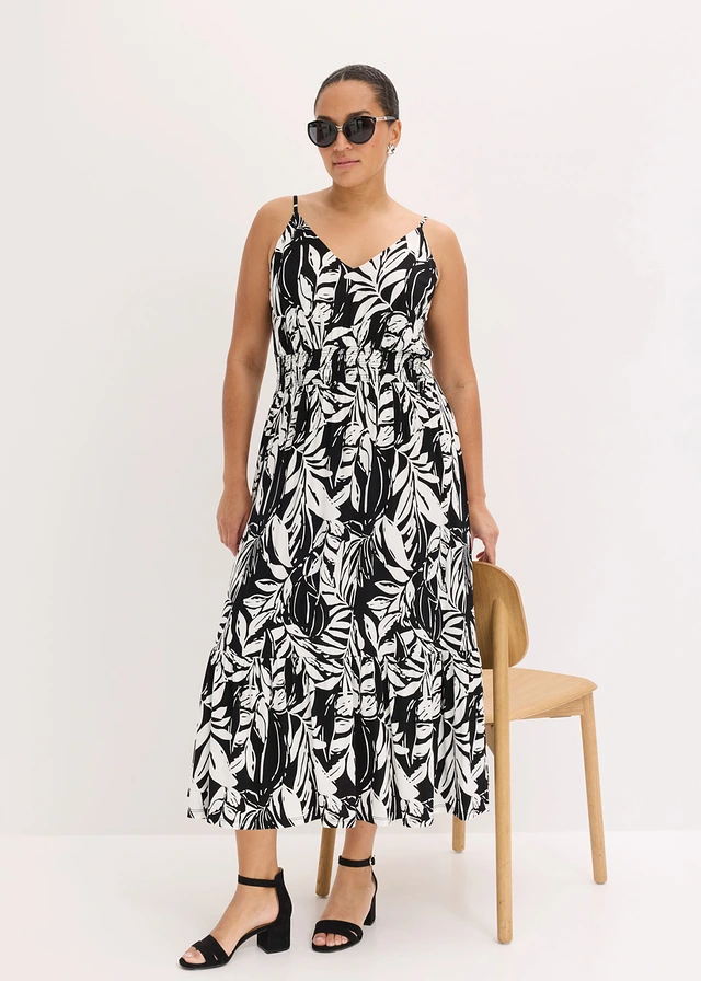 Robe à fines bretelles en jersey viscose, Couleur: noir-blanc floral