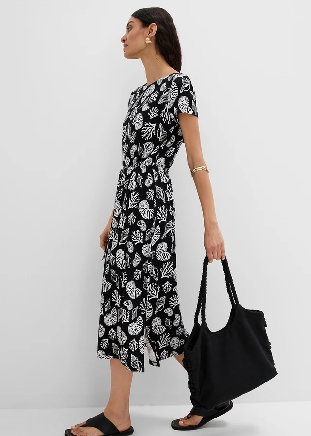 Rochie midi • negru-ecru cu imprimeu • magazin bonprix