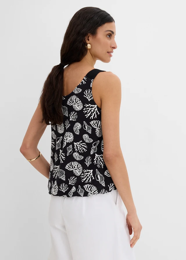 Top en viscose extensible, Couleur: noir/écru imprimé
