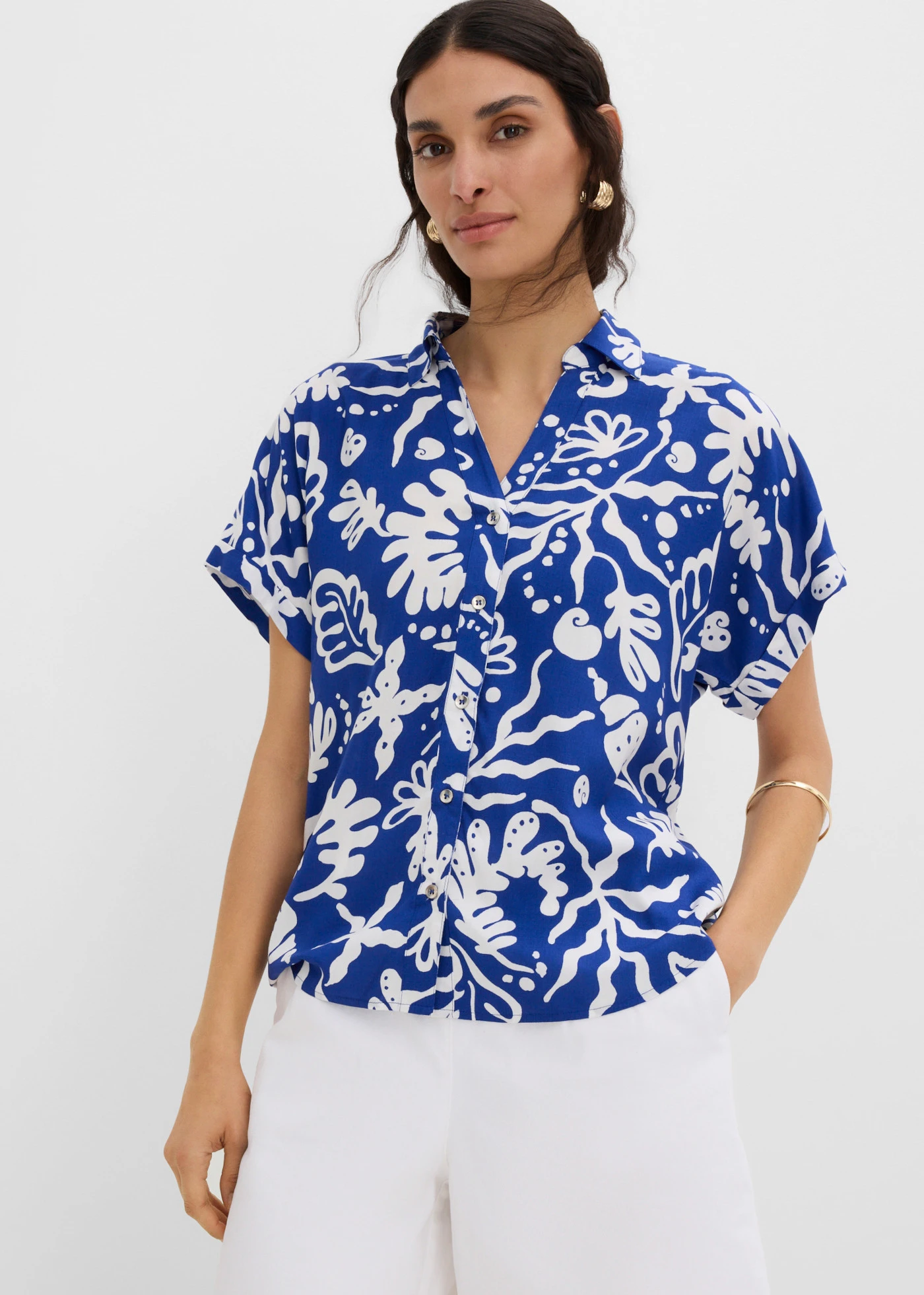 Chemisier en viscose fluide • bleu cobalt-écru imprimé • product-page.page-title-suffix