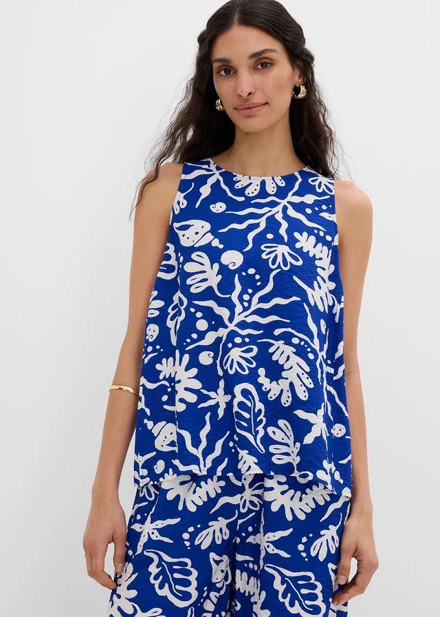 Blousetop met soepele viscose, Kleur: kobaltblauw-wolwit met print