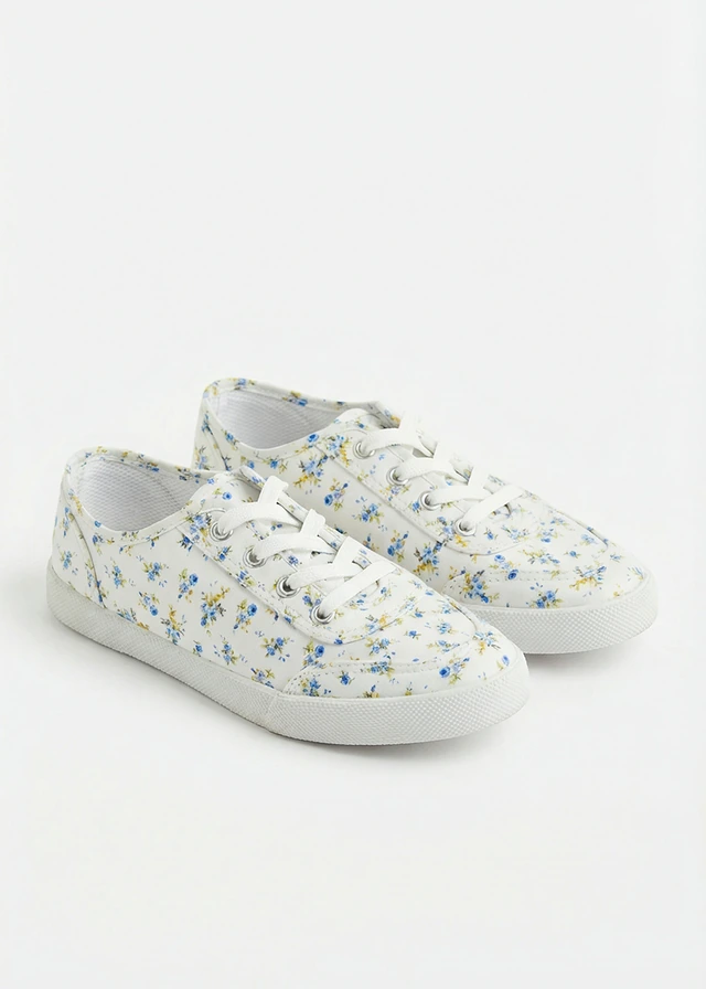 Sneakers van katoenen canvas, Kleur: wit-donkerblauw gebloemd