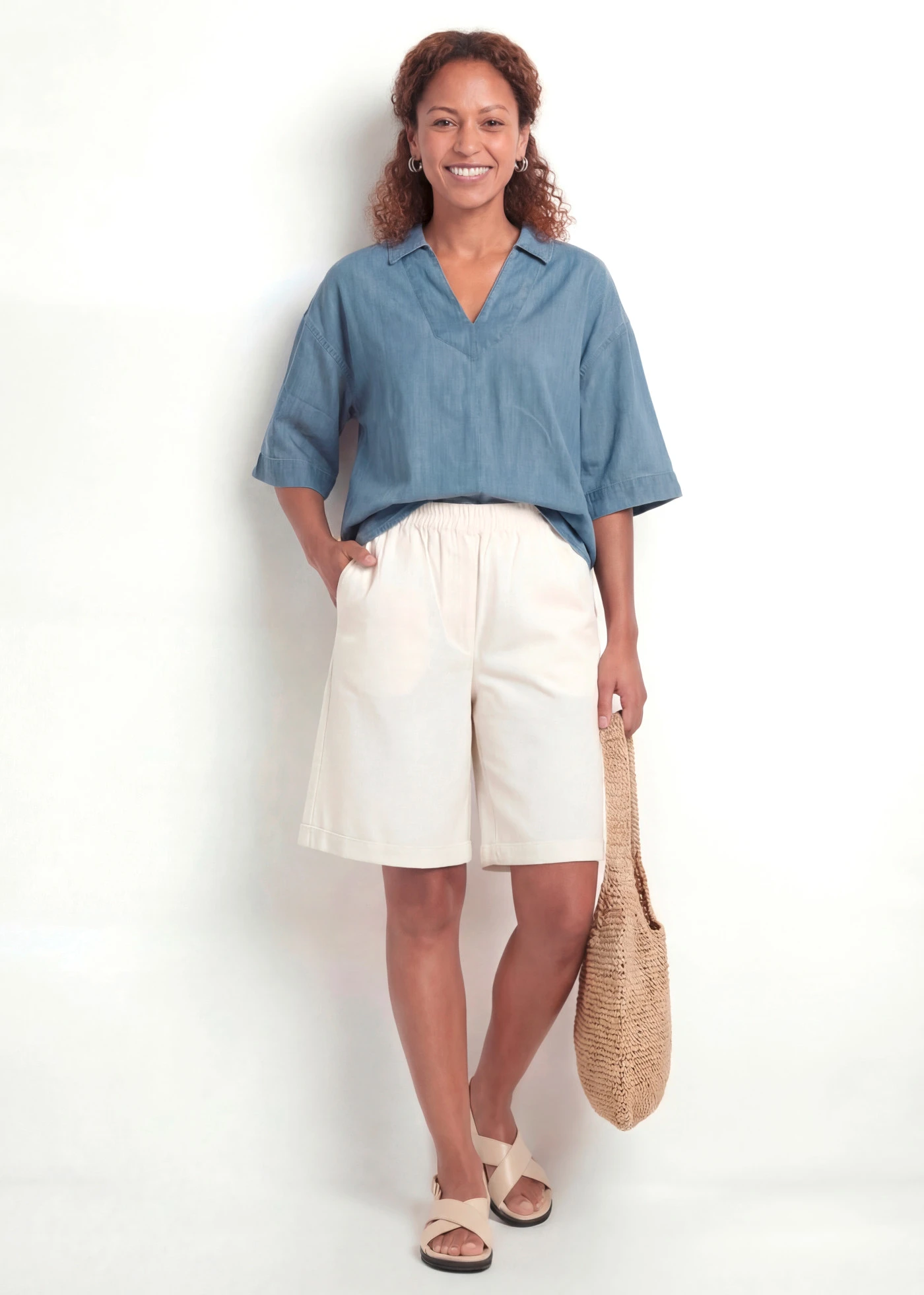 Bermuda effet paper touch en coton extensible • écru • Boutique bonprix