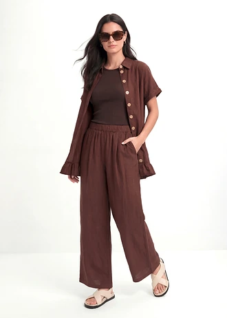 Pantaloni culotte din material cu in, culoare: maro