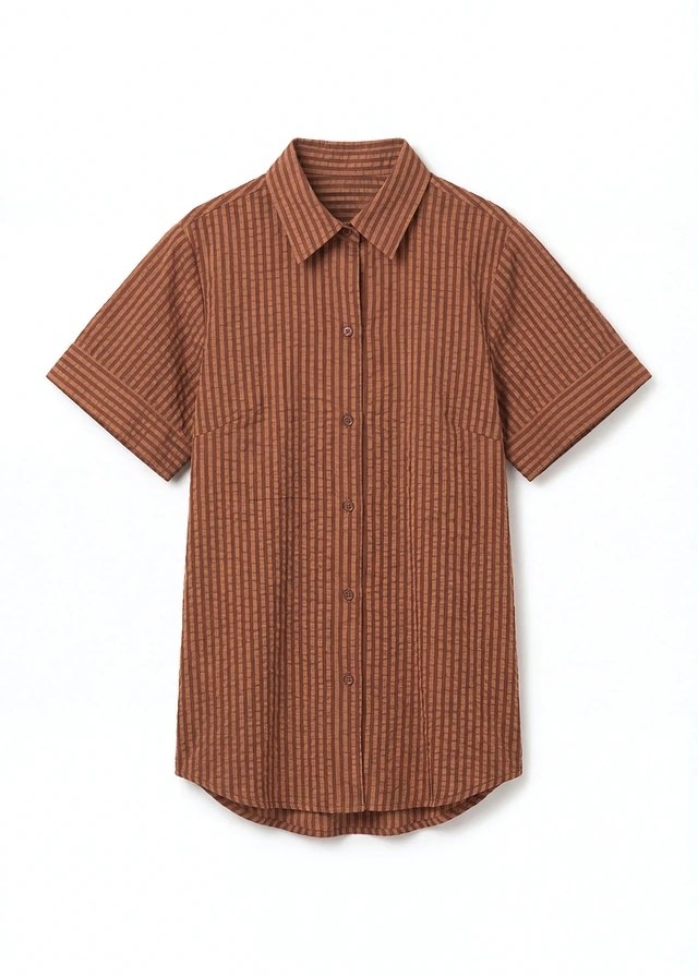 Overhemdblouse van seersucker, Kleur: bruin-mat camel verticaal gestreept
