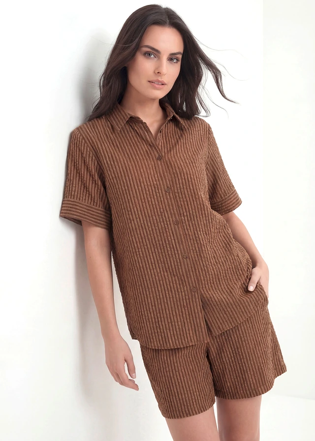 Chemisier en seersucker, Couleur: marron-camel mat rayé