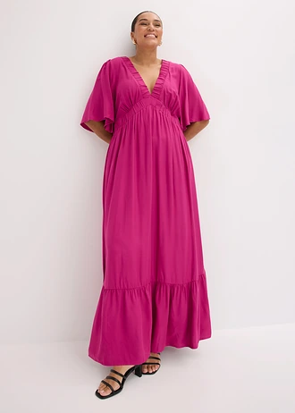Maxi jurk met strokenrok van soepele viscose, Kleur: fuchsiapink