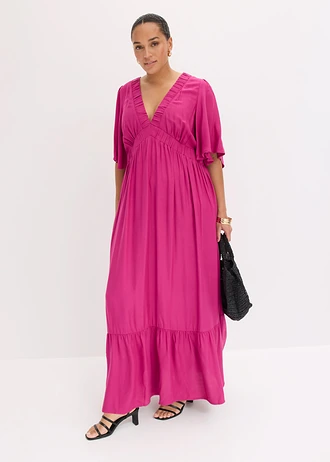 Maxi jurk met strokenrok van soepele viscose, Kleur: fuchsiapink