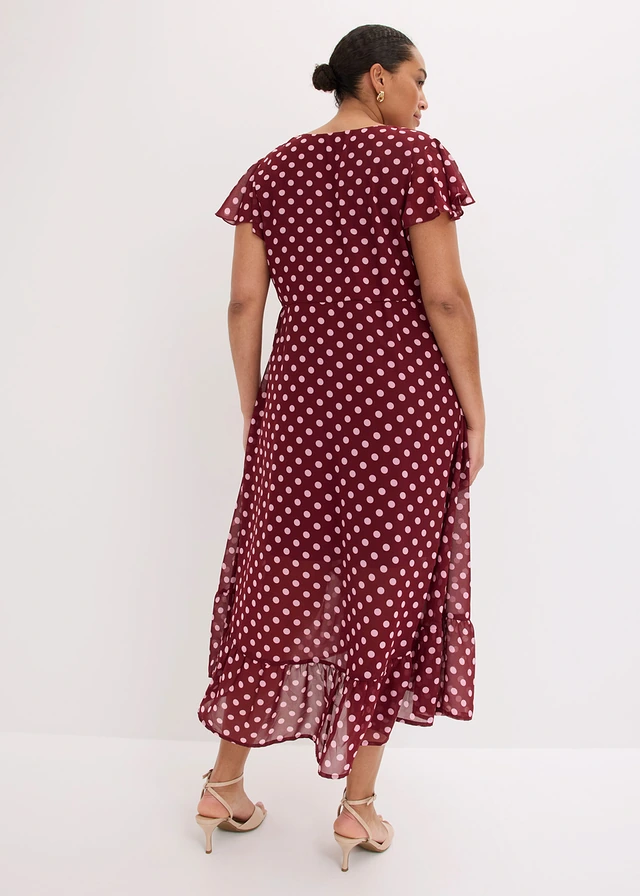 Chiffon jurk met volants, Kleur: robijnrood-roze gestippeld