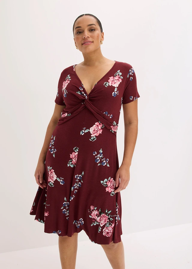 Jersey jurk in een viscosemix, Kleur: esdoornrood/roze gebloemd