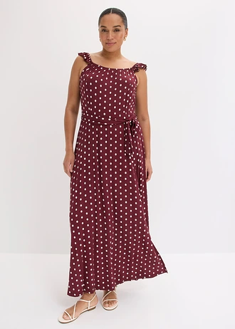 Robe longue en viscose, Couleur: rouge érable pois écru