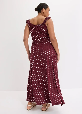 Robe longue en viscose, Couleur: rouge érable pois écru