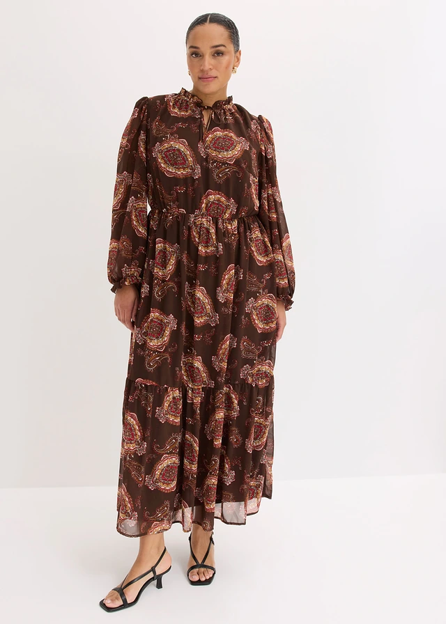 Chiffonjurk, Kleur: donkerbruin met print