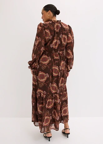 Chiffonjurk, Kleur: donkerbruin met print