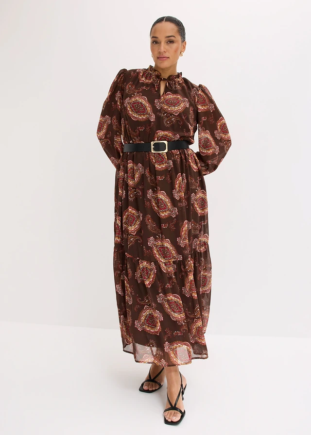 Chiffonjurk, Kleur: donkerbruin met print