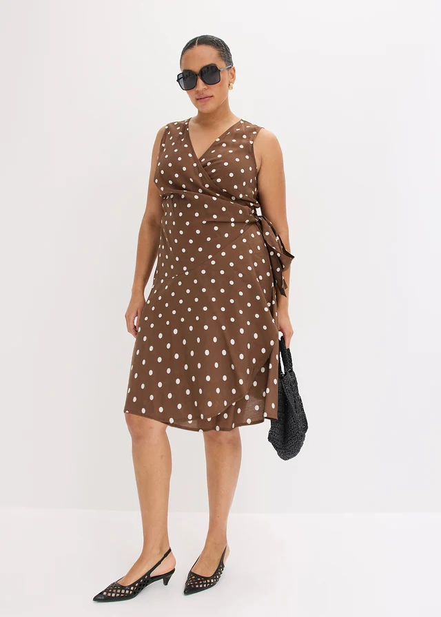 Robe portefeuille fluide, Couleur: marron pois écru