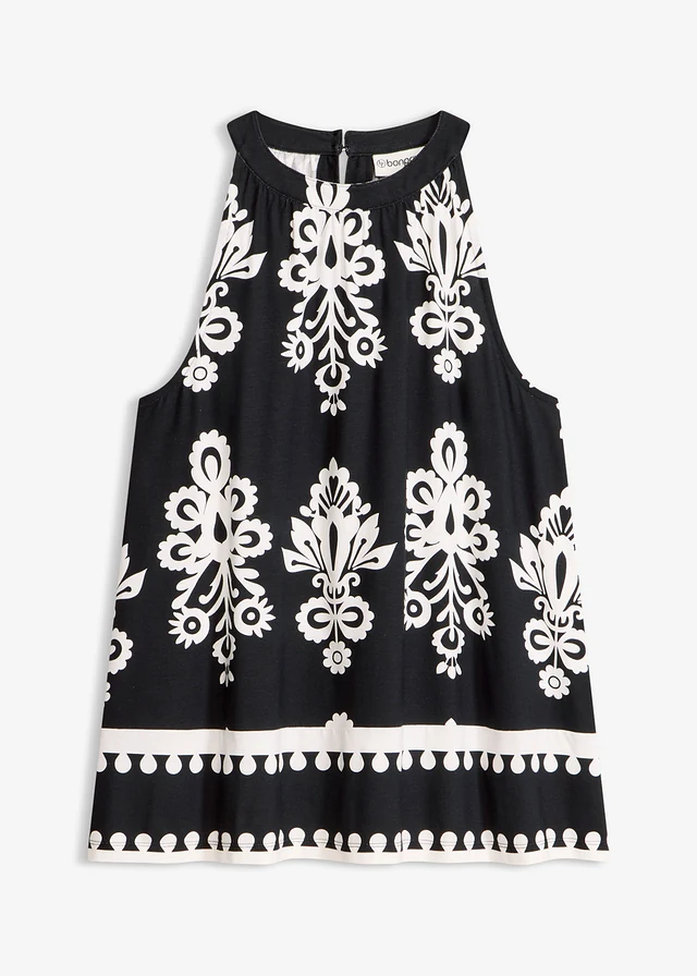 Top en viscose douce et extensible, Couleur: noir/écru imprimé