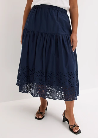 Jupe midi 100% coton avec broderies anglaises, Couleur: bleu foncé