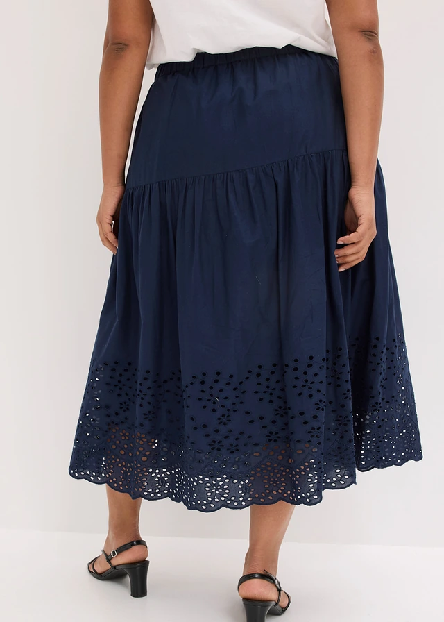 Jupe midi 100% coton avec broderies anglaises, Couleur: bleu foncé