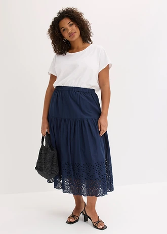Midirok van puur katoen met broderie anglaise, Kleur: donkerblauw