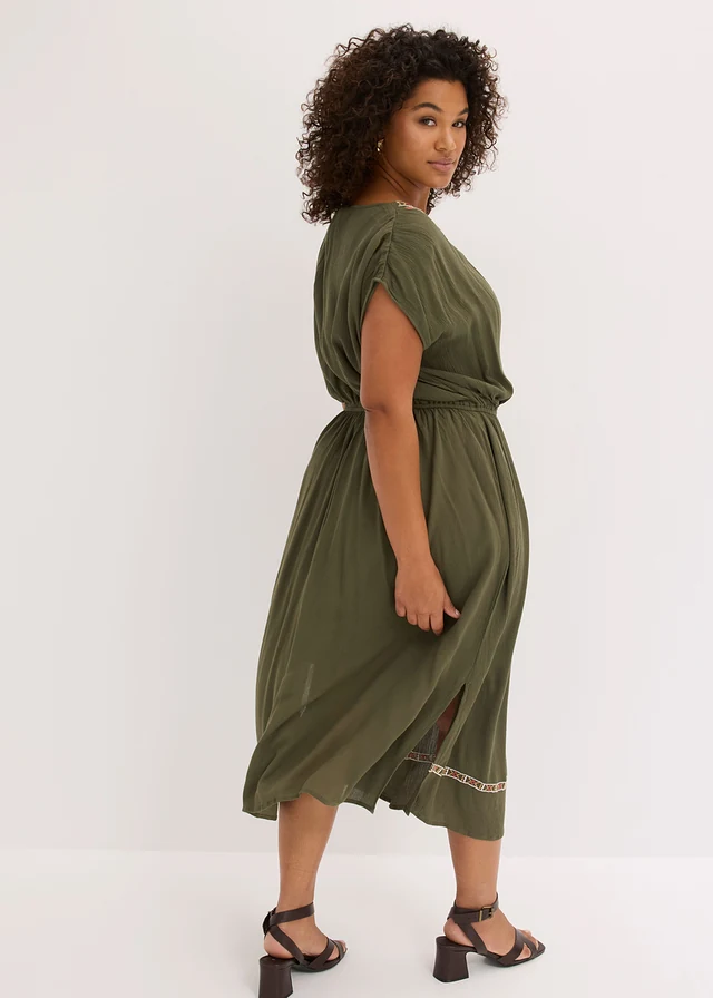 Boho midi jurk van soepele viscose, Kleur: donkerolijfgroen