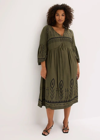 Midi jurk van soepele viscose, Kleur: donkerolijfgroen-zwart gedessineerd