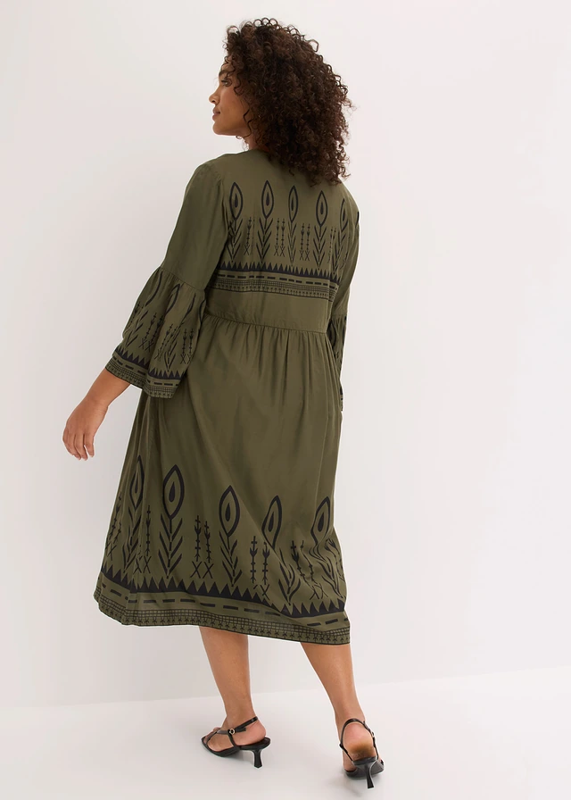 Robe midi en viscose fluide, Couleur: olive foncé/noir imprimé