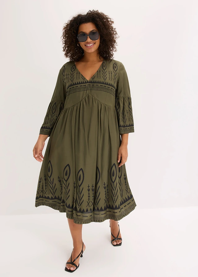 Robe midi en viscose fluide, Couleur: olive foncé/noir imprimé