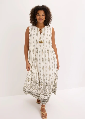 Maxi jurk van soepele viscose, Kleur: parelwit-natuurgroen met print