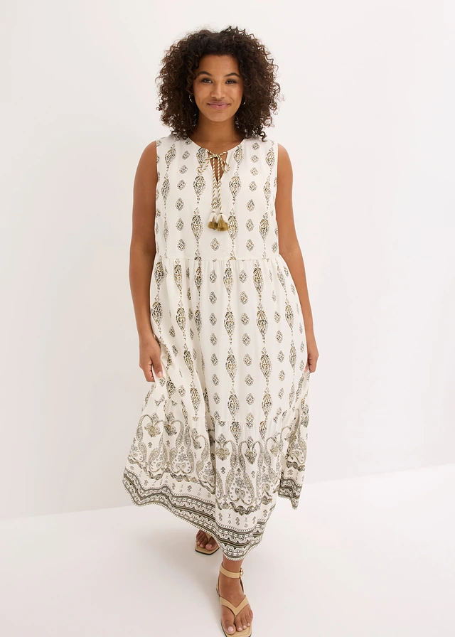 Robe longue en viscose fluide, Couleur: blanc nacré-vert nature imprimé