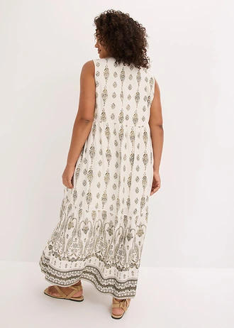 Maxi jurk van soepele viscose, Kleur: parelwit-natuurgroen met print