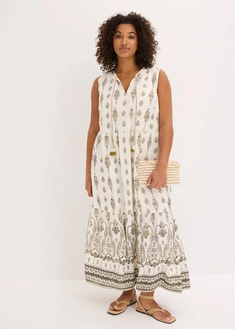 Maxi jurk van soepele viscose, Kleur: parelwit-natuurgroen met print