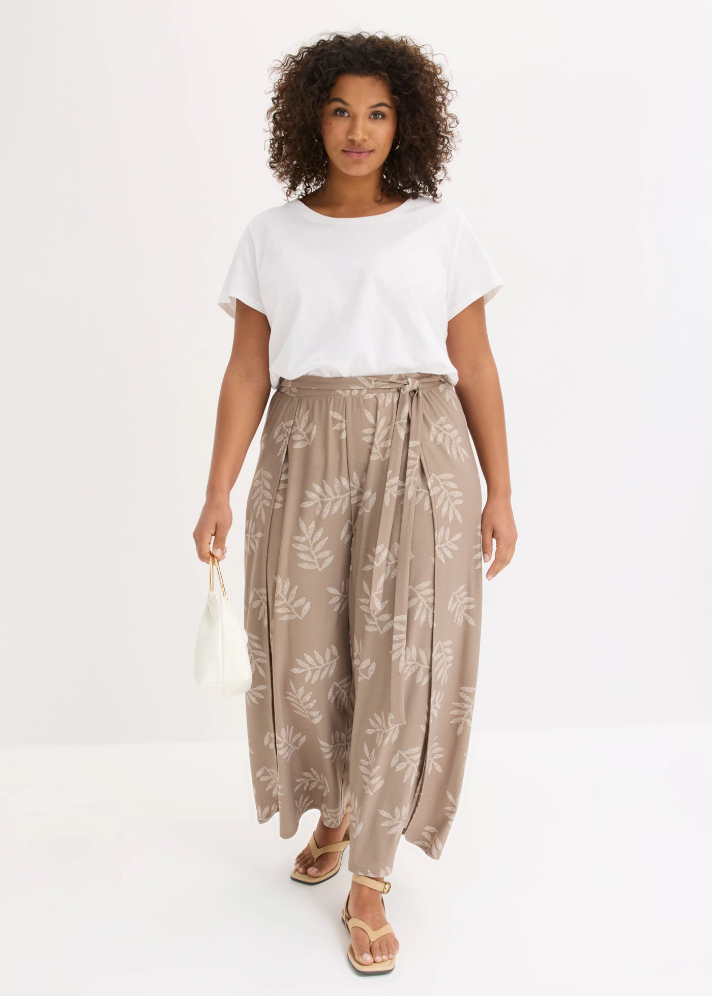 Spodnie palazzo • szarobrązowy-biel wełny z nadrukiem plus size • sklep bonprix