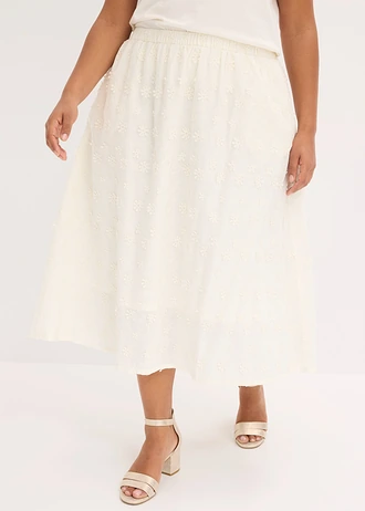 Jupe midi à broderie florale, Couleur: écru