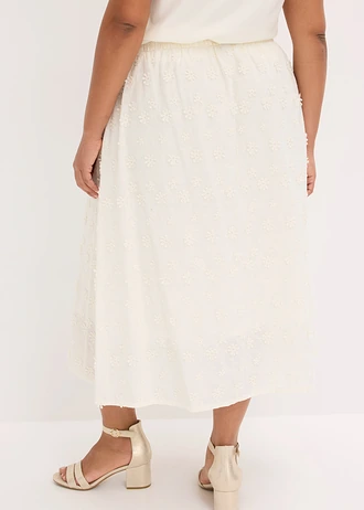 Jupe midi à broderie florale, Couleur: écru