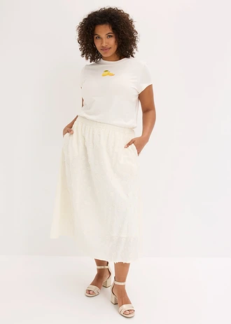 Jupe midi à broderie florale, Couleur: écru