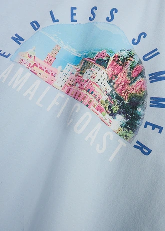 T-shirt z czystej bawełny organicznej, z dużym nadrukiem na plecach, loose fit • pudrowy niebieski z nadrukiem • sklep bonprix