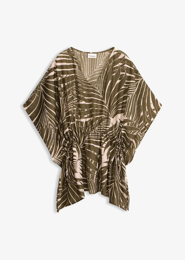 Oversized strandtuniek, Kleur: donkerolijfgroen-beige gebloemd