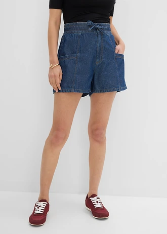 Short en jean avec taille haute élastiquée, Couleur: bleu denim used 