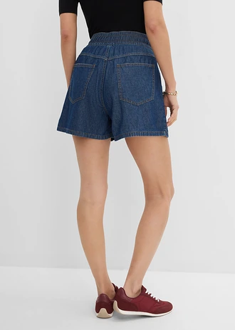 Short en jean avec taille haute élastiquée, Couleur: bleu denim used 